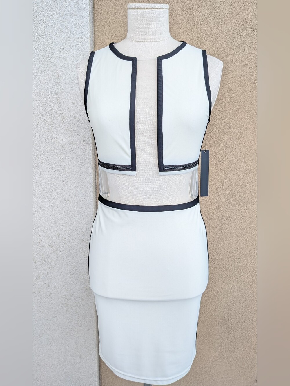 Stella & Jamie Colorblock Mesh Panel Bodycon Mini Dress Cream Black NWT XS